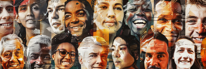 Dynamic mural collage of diverse human faces with colorful abstract elements, representing global unity and diversity.