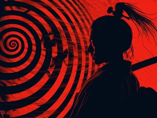 A silhouette of a samurai examining an eerie scene, with clues and evidence represented by op art patterns and pop art splashes of color.