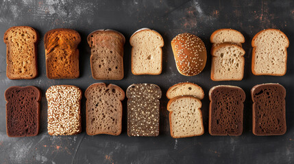 An assortment of various types of sliced bread arranged neatly on a dark textured surface. The bread types include white, whole wheat, rye, multigrain, and buns with sesame seeds. - Powered by Adobe