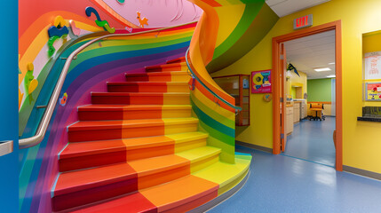 Playful, vibrant staircase in a pediatric clinic, designed like a rainbow with engaging murals.