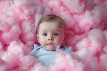 Fototapeta premium Engaging image of a baby with captivating blue eyes surrounded by fluffy pink textures