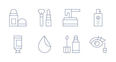 Cosmetics icons. Editable stroke. Containing ointment, deodorant, suncream, eyeliner, lipgloss, wax, makeup, sponge.