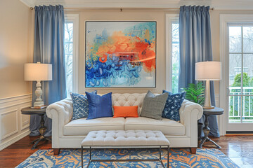 A living room featuring a vibrant blue couch and a bold orange rug, creating a bright and modern aesthetic