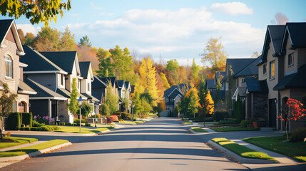 A peaceful suburban neighborhood street lined with modern houses featuring well-manicured lawns and autumnal trees in vibrant colors under a sunny sky.