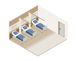 Vector isometric low poly minimalistic medical clinic interior with various furniture. Modern vector illustration. Shared hospital room. 
