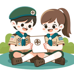 illustration of children in scout uniforms reciting the pledge of the scout movement