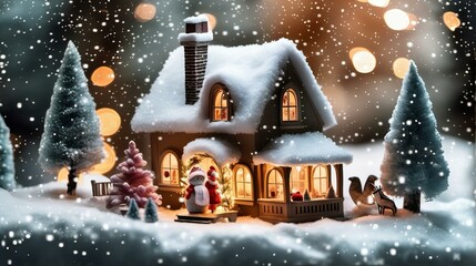 christmas, snowflake, night, scene, village, year, cartoon, home, illustration, new, celebration, decoration, holiday, house, snow, landscape, season, tree, winter, animation, cosy, moon, new year, 