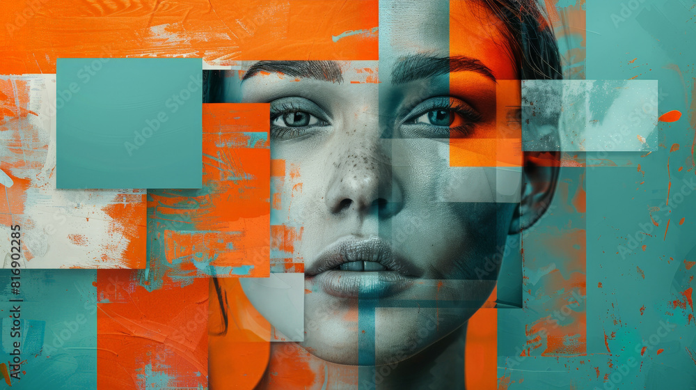 Poster A womans face is fragmented into squares in a unique collage. Each square shows a different part of her face, creating a fragmented but cohesive representation