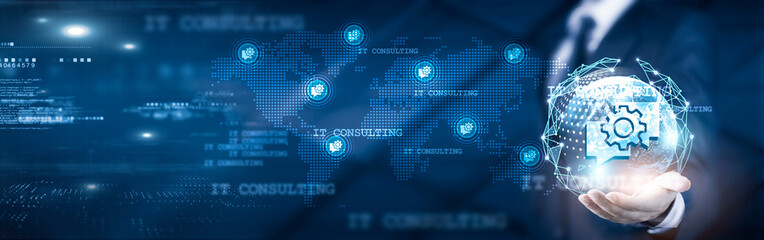 Businessman holding global network connection on IT consulting and business analytics, innovative strategy and digital solutions, cloud computing, cybersecurity, Technology and global transformation.