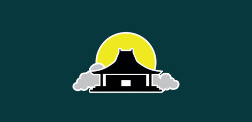 Javanese joglo traditional house vector, clouds and sunrise