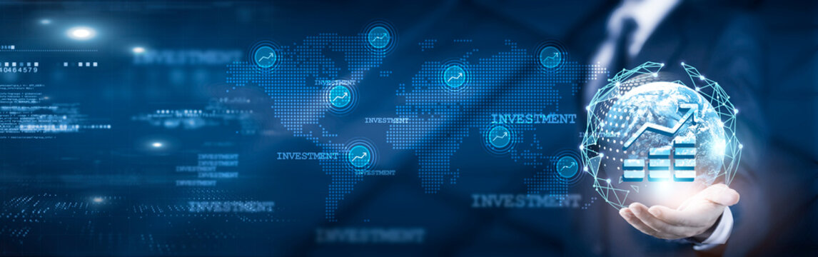 Businessman holding global network connection on investment intelligence and market analytics, crafting strategy and portfolio diversification, financial modeling, technology, and global expansion.
