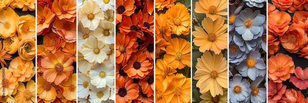 Poster a close-up image featuring a variety of dried flower blooms arranged in a colorful gradient from yel
