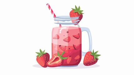 Glass jar of berry smoothie with straw. Healthy straw