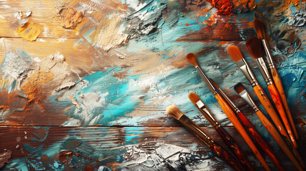 Obraz premium A colorful abstract painting with vibrant brush strokes and a variety of paintbrushes placed at the right side.