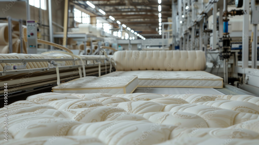 Sticker Factory interior with modern machinery for mattress production. Rows of newly-made, plush mattresses are positioned on a conveyor belt within the manufacturing line.