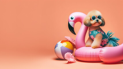 Funny dog wearing summer fashion with rubber ring on pastel background. Summer Vacation Concept.