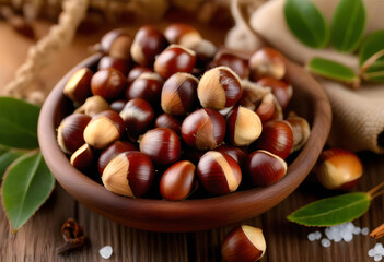 A close-up of a wooden bowl of fresh chestnuts on a wooden table with a thorny branch