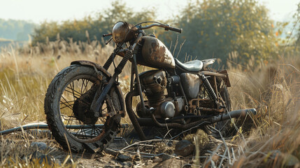 An old, rusted motorcycle abandoned in a grassy field. The vintage bike's weathered condition contrasts with the natural outdoor setting, creating a sense of neglect and decay.