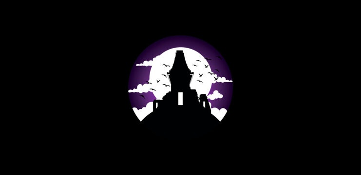 vector Landscape with silhouette of Bajang Ratu temple, flock of birds, clouds and moonlight at midnight
