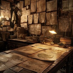 A dimly lit room with a wooden desk and a lamp on it. There are maps and papers all over the walls.