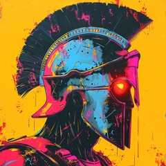 AI-generated image of a Spartan warrior helmet with a glowing red eye. The helmet is blue and pink, with yellow background.