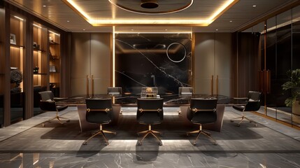 conference room with a large conference table and black leather chairs. The room is decorated with dark wood and marble.