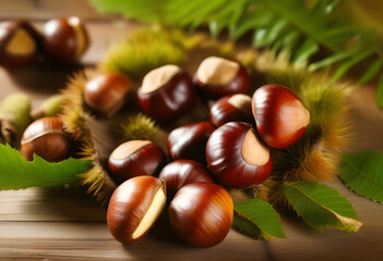 A close-up of fresh chestnuts on a wooden table with a thorny branch