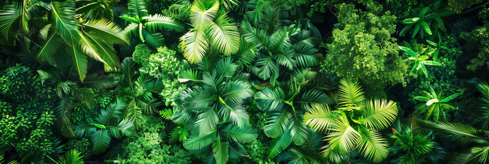 Aerial view of dense tropical rainforest with lush green foliage and various plant species.