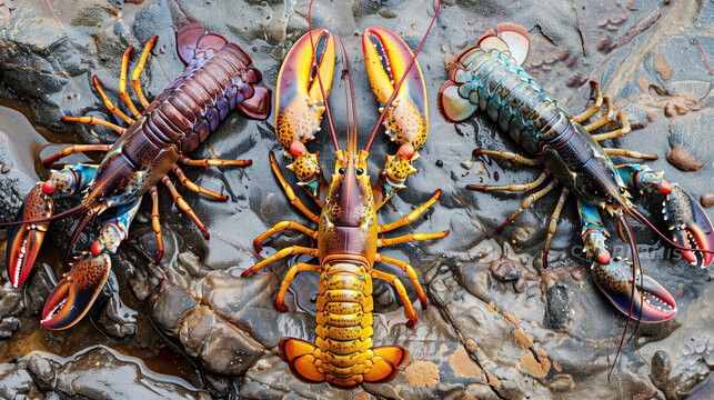 Three vibrantly colored lobsters lying on a dark, wet rocky surface, showcasing their striking and diverse coloration patterns and textures.