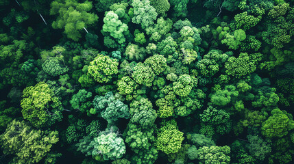 Aerial view of a dense green forest with various tree species, showcasing the lush foliage and natural beauty of the wilderness.