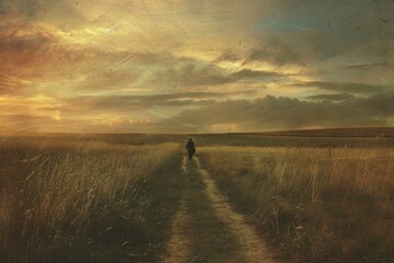 Lone figure walks down a serene country trail as the sunset casts a warm glow over the fields