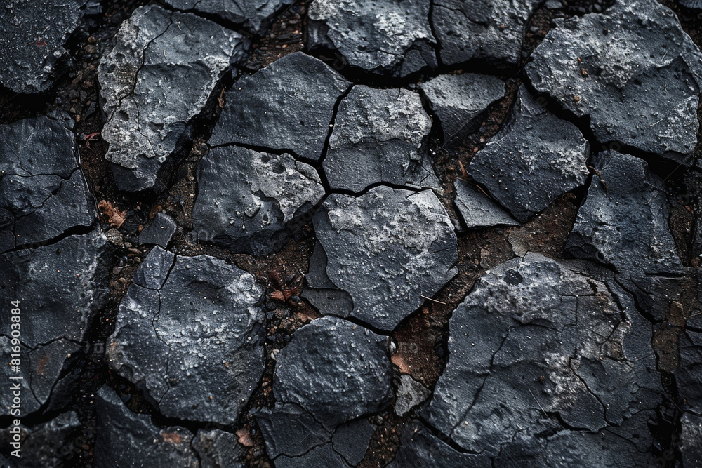 Poster detailed view of a black rock in focus, showcasing its texture and features
