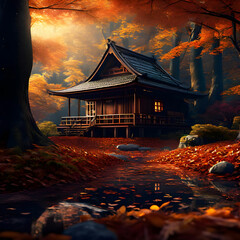 Obraz premium Transform your device's background into a work of art with an autumn wallpaper, featuring a cozy cabin nestled among a sea of golden leaves and towering trees