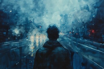 The image is a painting of a man standing alone in a dark city street