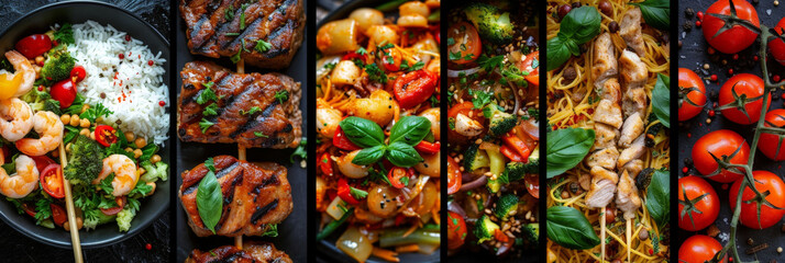 A plate displaying a variety of different types of food such as fruits, vegetables, meats, and grains arranged in a visually appealing collage