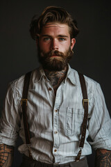 Obraz premium Dapper hipster gentleman in a classic shirt and suspenders, exuding vintage style and confidence