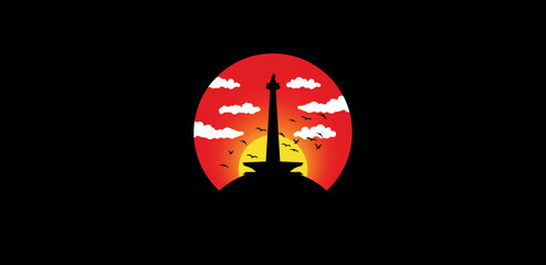 vector landscape with silhouettes of indonesia monas, flock of birds, clouds and sunrise