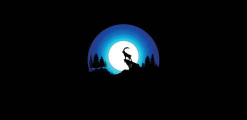 vector landscape with silhouettes of mountain goats, cliffs, fir trees and the moon at night