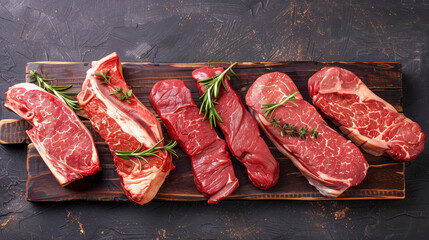 A top view of various raw beef steaks placed on a wooden cutting board, garnished with sprigs of rosemary. The background is a dark textured surface. - Powered by Adobe