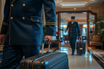 Caring porters assisting guests with luggage at the hotel entrance, exuding professionalism and kindness