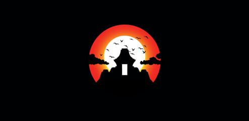 vector Landscape with silhouettes of temple, flock of birds, clouds and sunrise