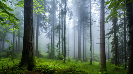 Dark Forest Scene Morning Fog ,generative ai