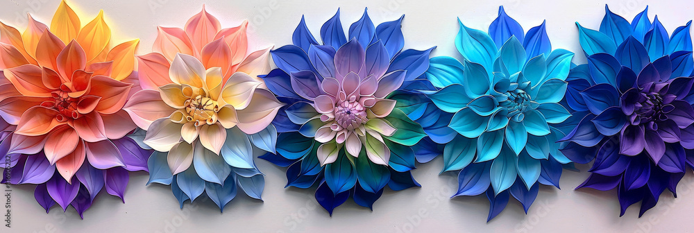Aufkleber A row of vibrant paper flowers is neatly arranged on a white wall. Each flower is a different color, creating a striking visual display that adds a pop of color to the space