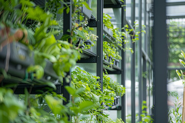 Fototapeta premium A close-up view of a vertical greenhouse integrated into an urban context, with emphasis on advanced hydroponic techniques and the biodiversity of cultivated plants