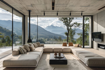 A modern living room with floor-to-ceiling windows offering a view of the mountains in the distance