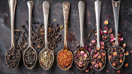 Seven vintage spoons filled with different varieties of loose tea and spices arranged neatly on a dark wooden surface, adorned with dried flower petals.