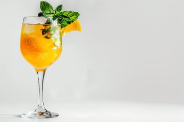 Glass of Valencia orange juice with mint and fruit slice on table