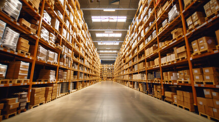 Fototapeta premium A spacious warehouse aisle lined with tall shelves filled with numerous cardboard boxes and pallets, indicating a well-organized storage facility under a brightly lit ceiling.