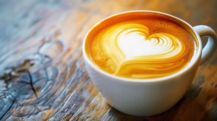 A close-up of a cup of cappuccino with intricate heart-shaped latte art on a rustic wooden table.