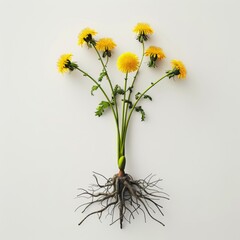 Dandelion plant with visible roots isolated on a white backdrop